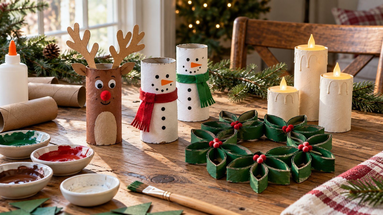 Christmas crafts with toilet paper rolls Toilet paper roll Christmas crafts with saved tubes on a farmhouse table