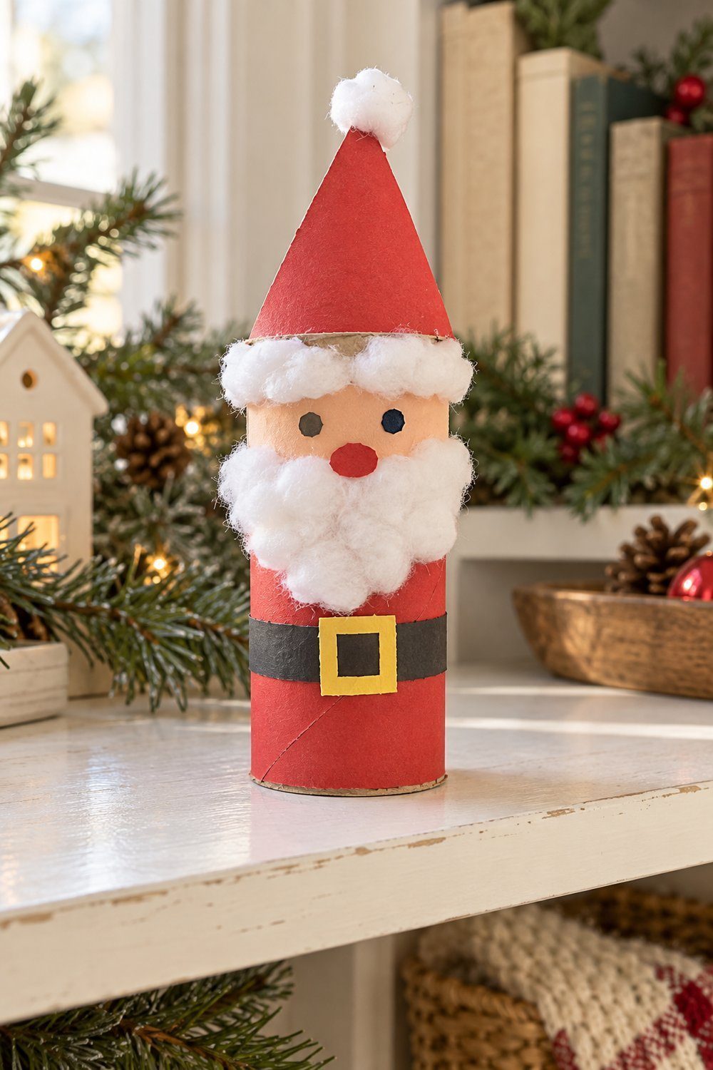 Christmas crafts with toilet paper rolls Red paper covered toilet roll Santa with cotton beard and black belt