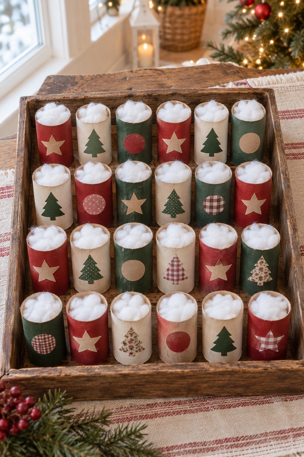 Christmas crafts with toilet paper rolls Painted cardboard Advent countdown tubes with cotton wool closures on a wooden tray