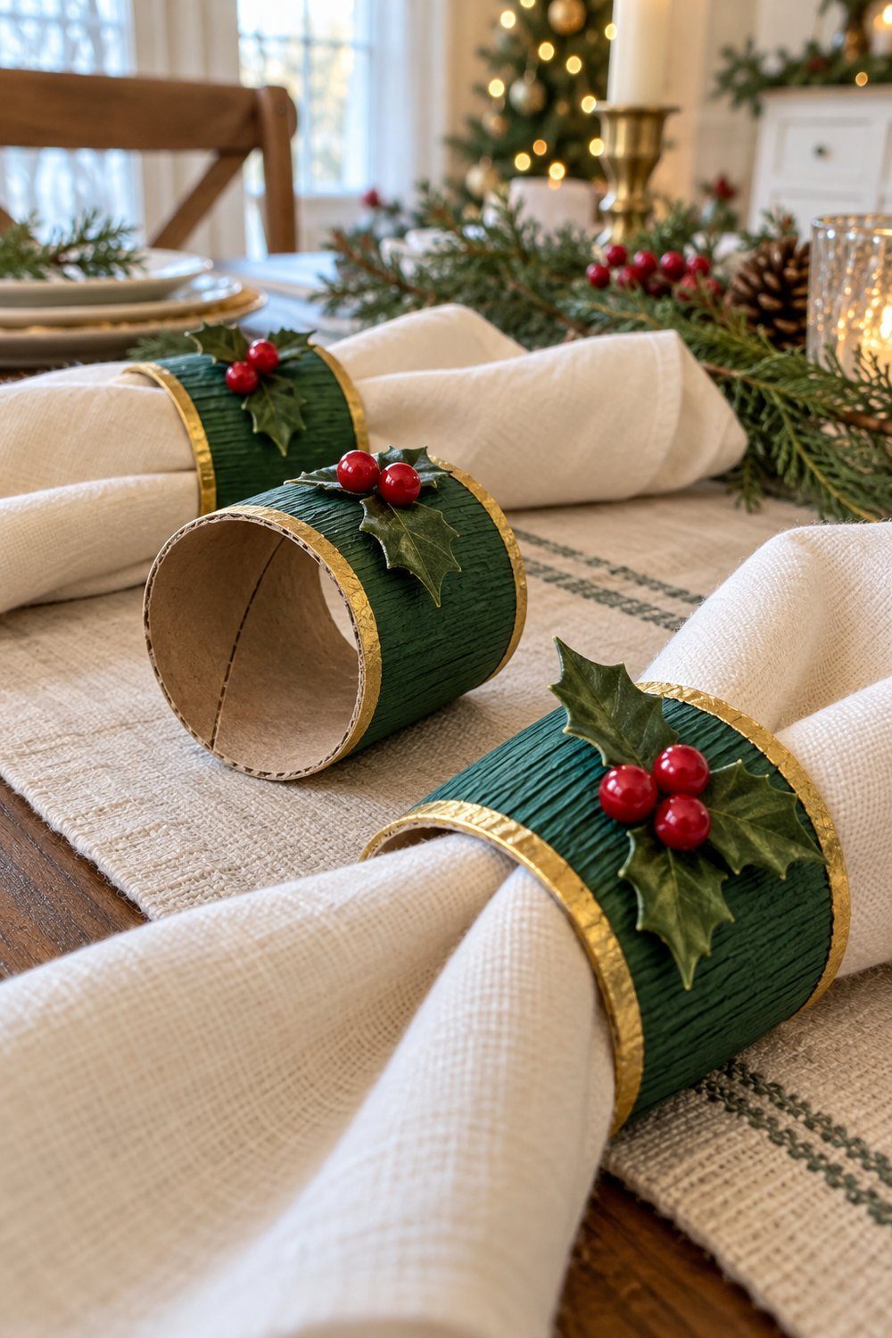 Christmas crafts with toilet paper rolls Crepe paper wrapped cardboard napkin rings with gold edges and artificial holly berries