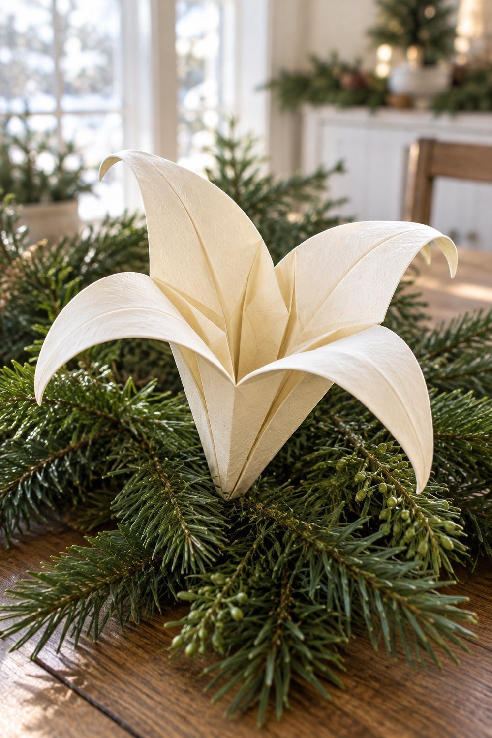 Cream origami lily with curled pointed petals arranged in Christmas table greenery