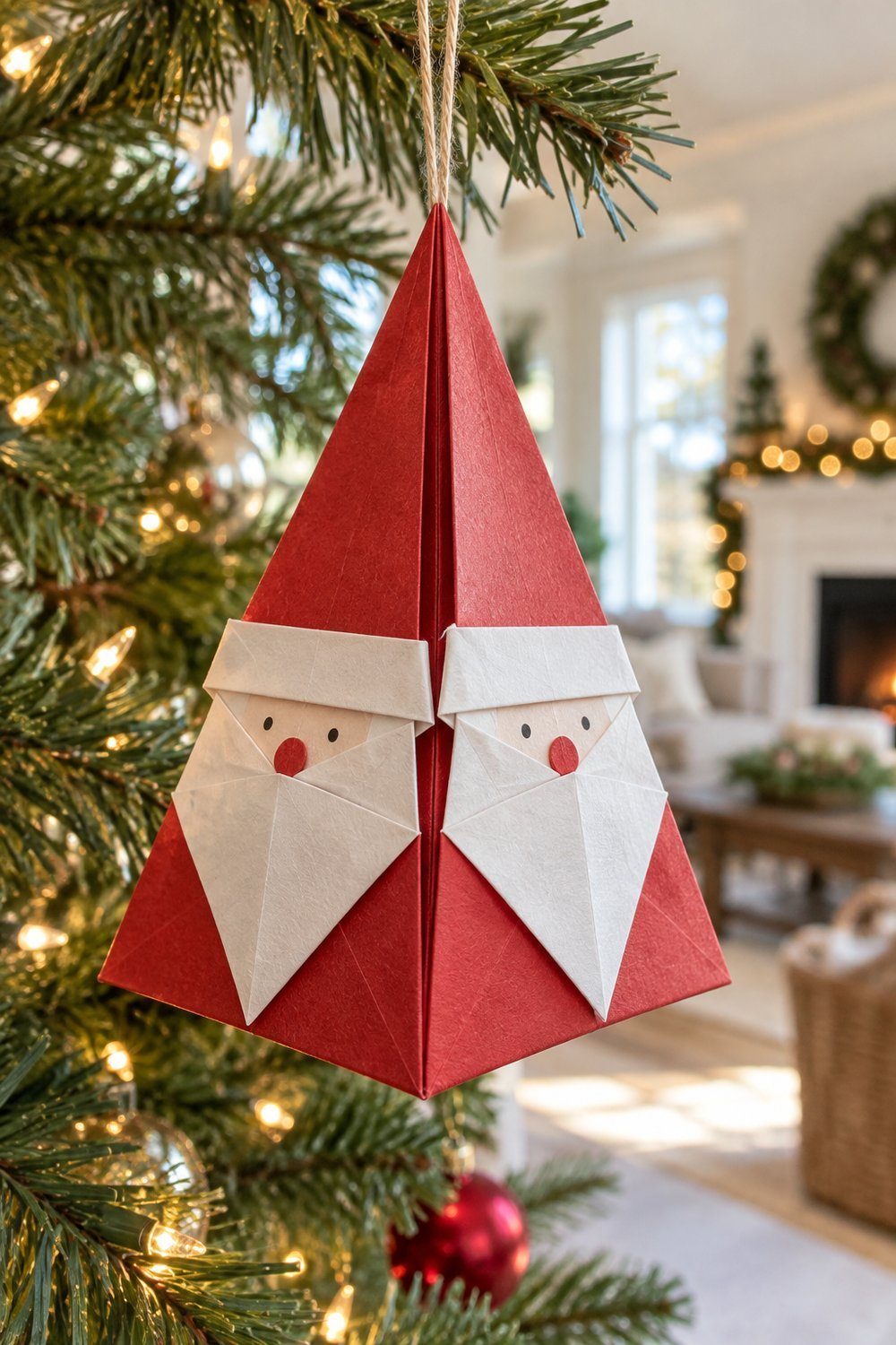 Dimensional paper Santa ornament with red hat and white folded beard