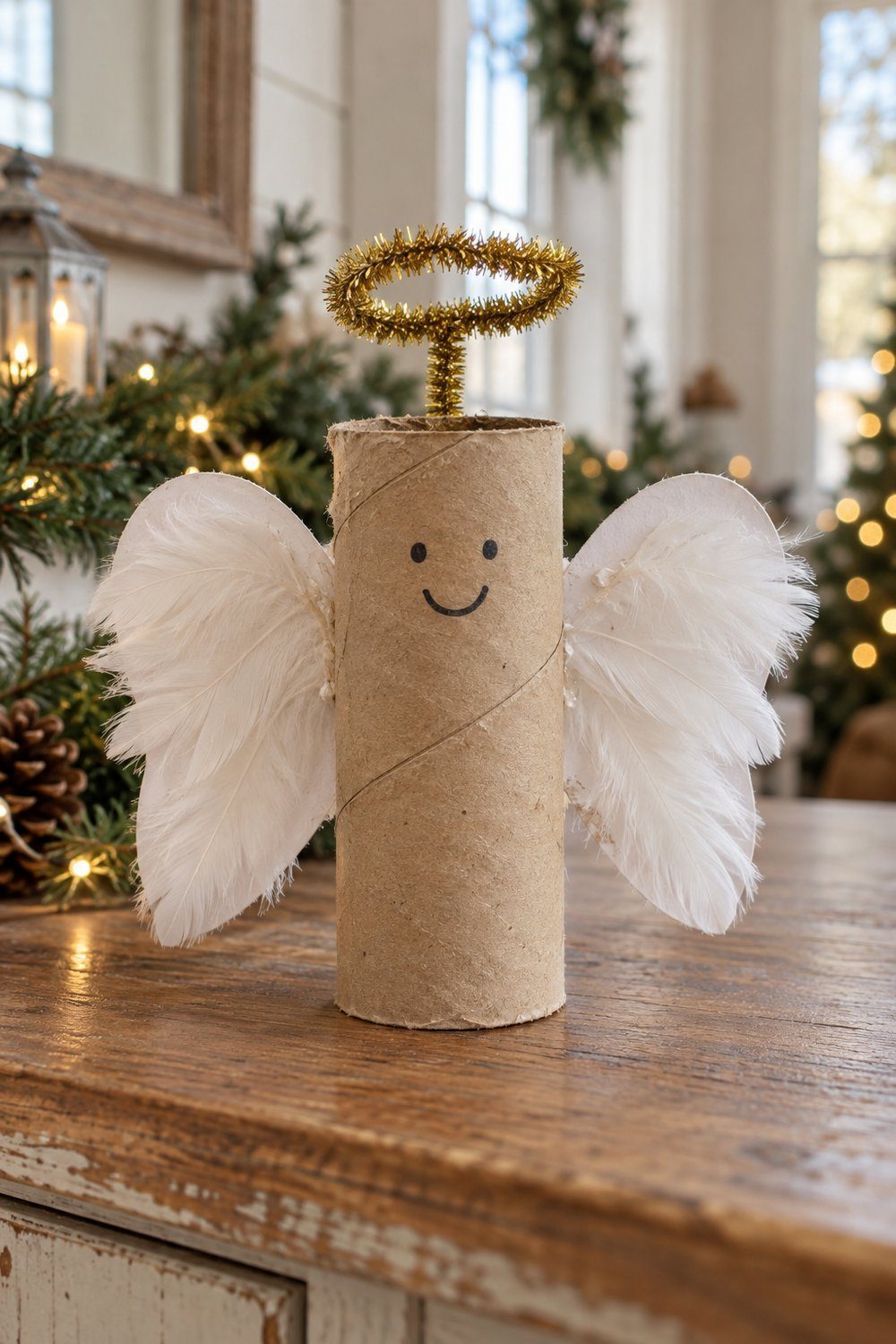Christmas crafts with toilet paper rolls Unpainted cardboard tube angel with feathered white wings and gold pipe cleaner halo