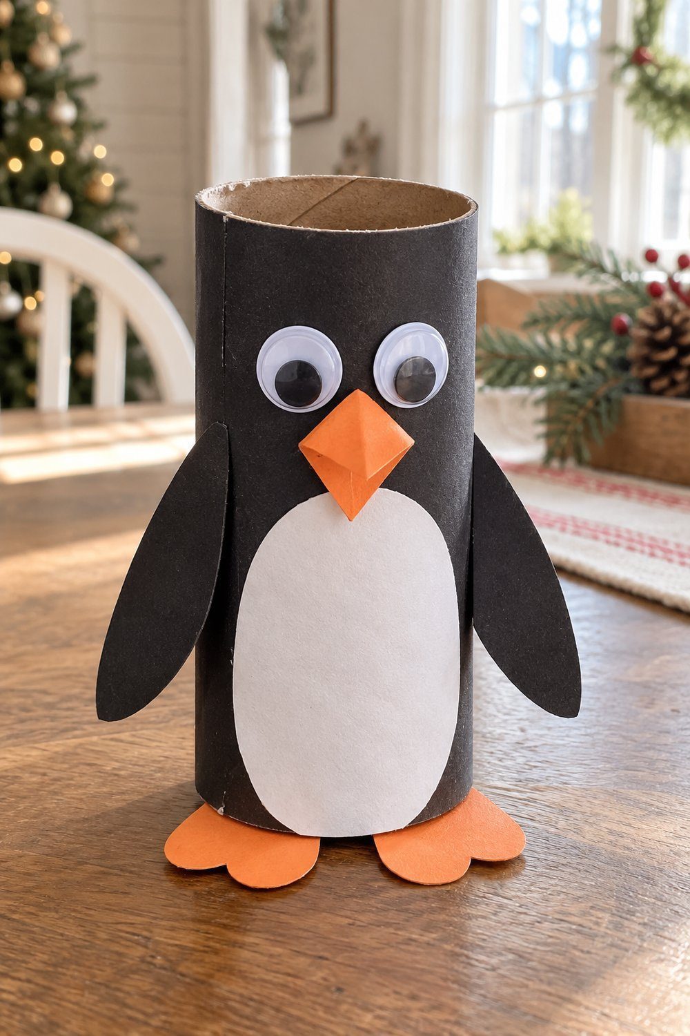 Christmas crafts with toilet paper rolls Black cardboard tube penguin with white belly and folded orange paper beak