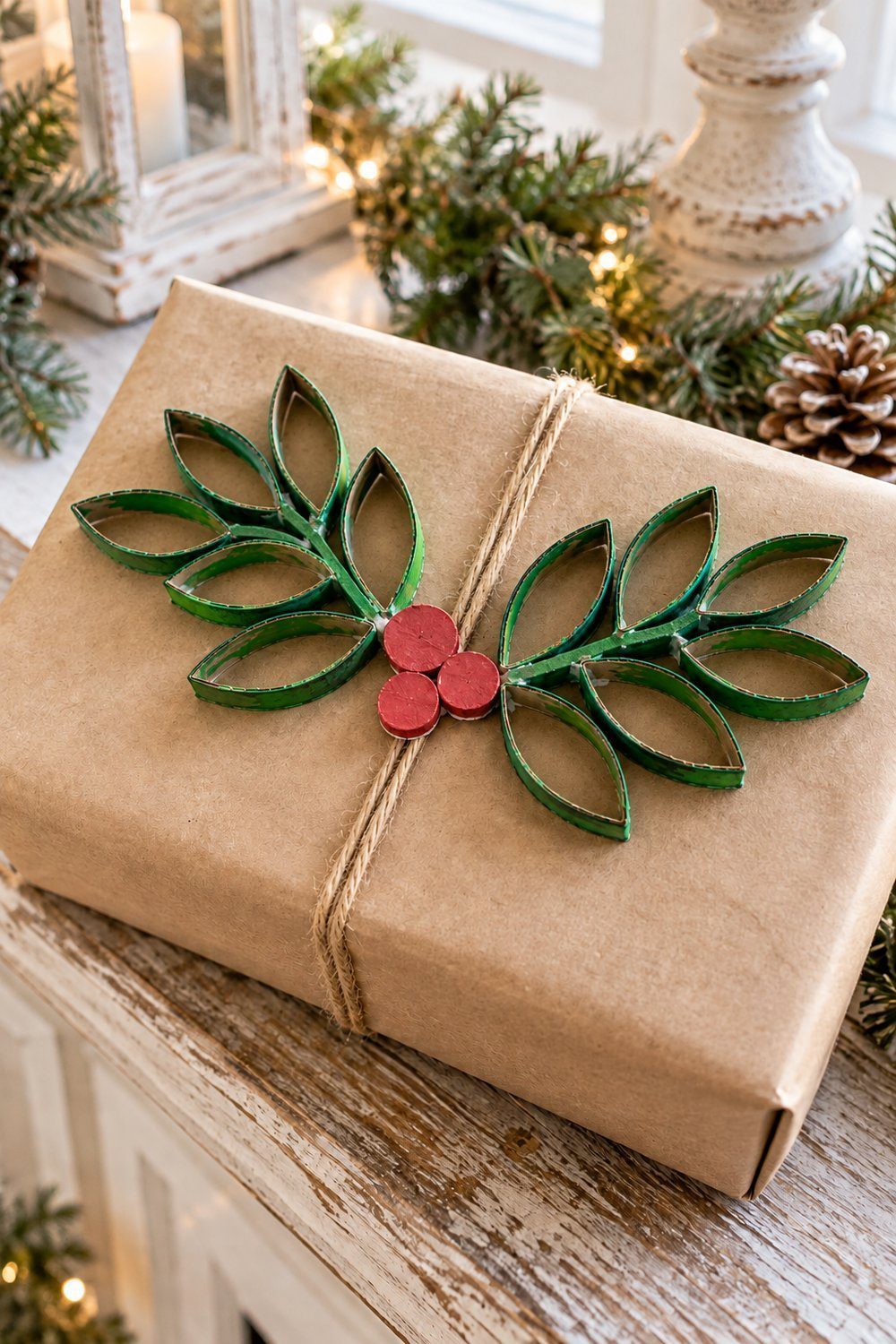 Christmas crafts with toilet paper rolls Green folded cardboard tube holly sprigs with plain red paper berry circles