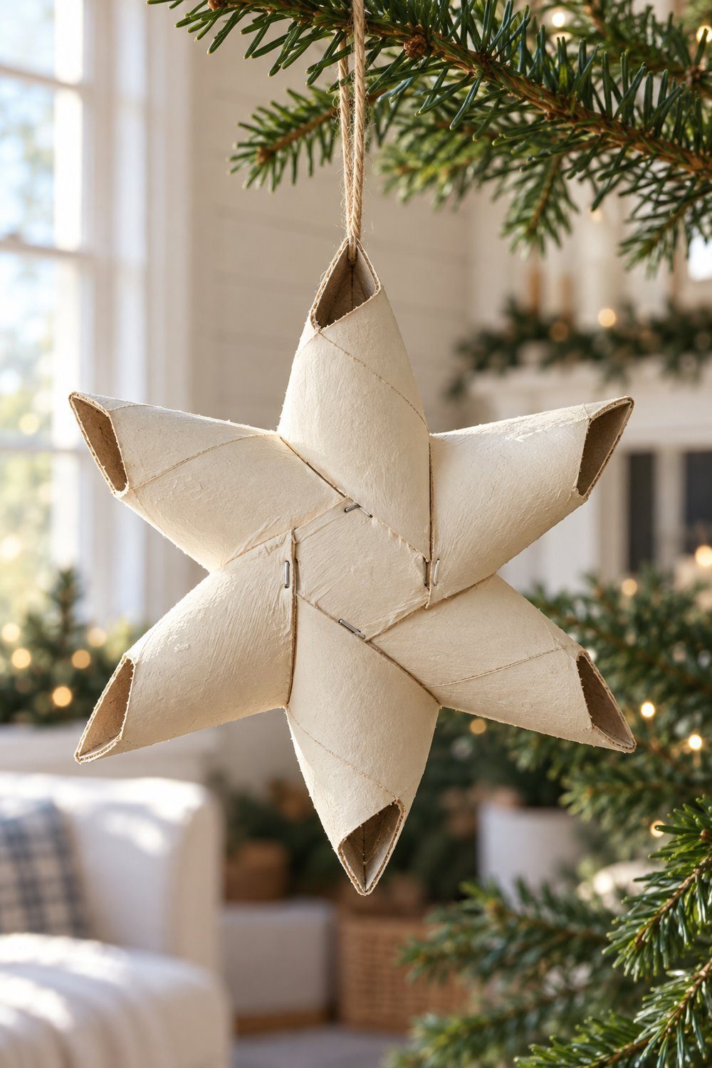 Christmas crafts with toilet paper rolls Dimensional painted Christmas star formed from folded whole cardboard toilet paper tubes