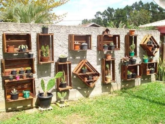 Garden decoration with wooden crates