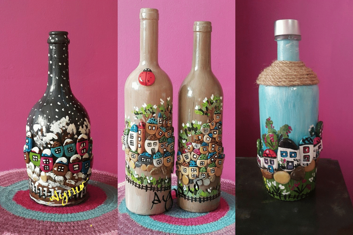 glass bottle ideas decorated with river stones