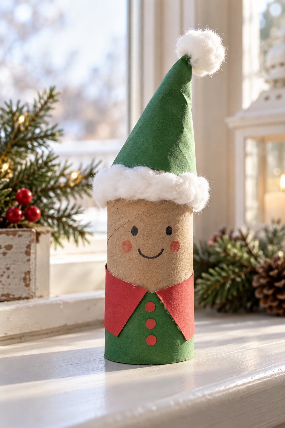 Christmas crafts with toilet paper rolls Handmade green paper roll elf with cone hat and a drawn smile