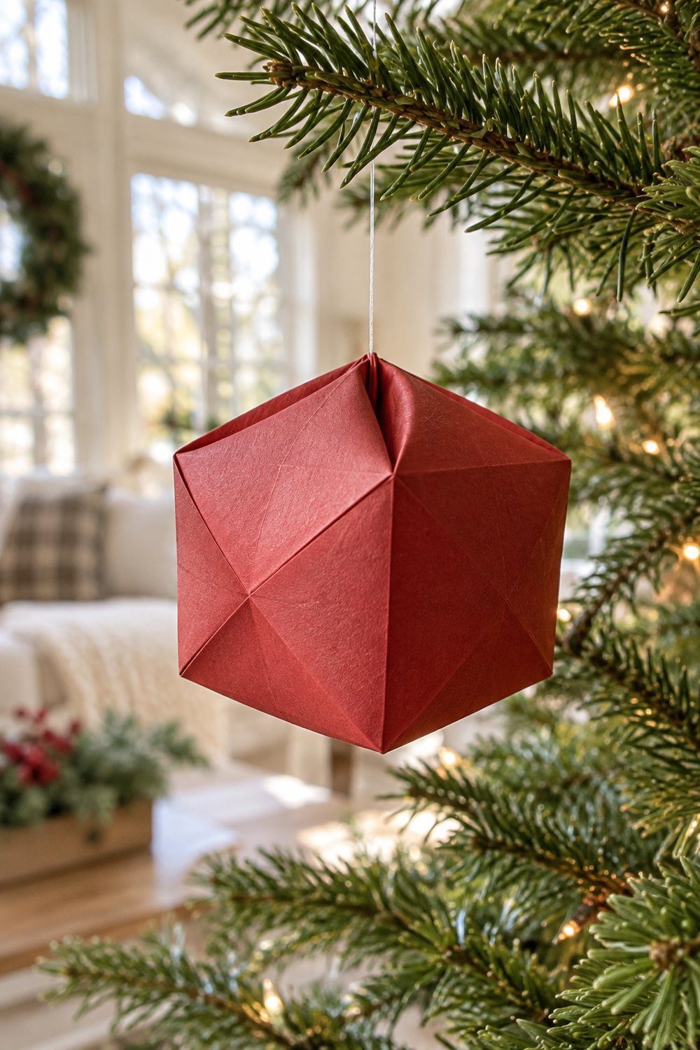 Hollow inflated paper waterbomb bauble hanging among green Christmas tree branches