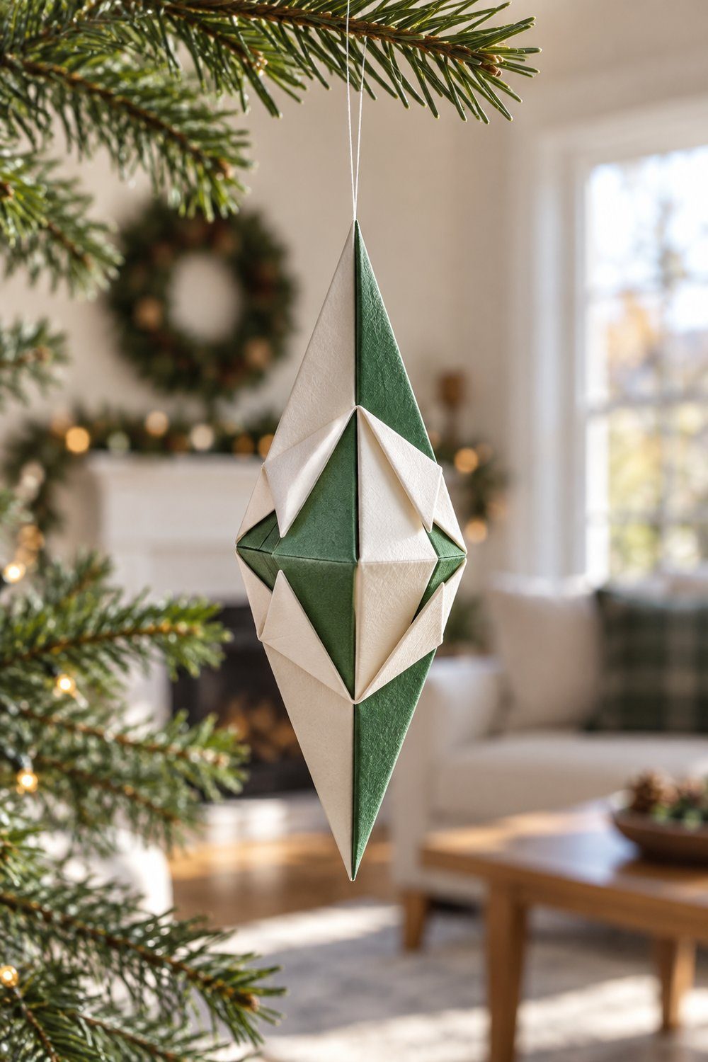 Angular folded paper pendant with contrasting collar hanging from a Christmas branch