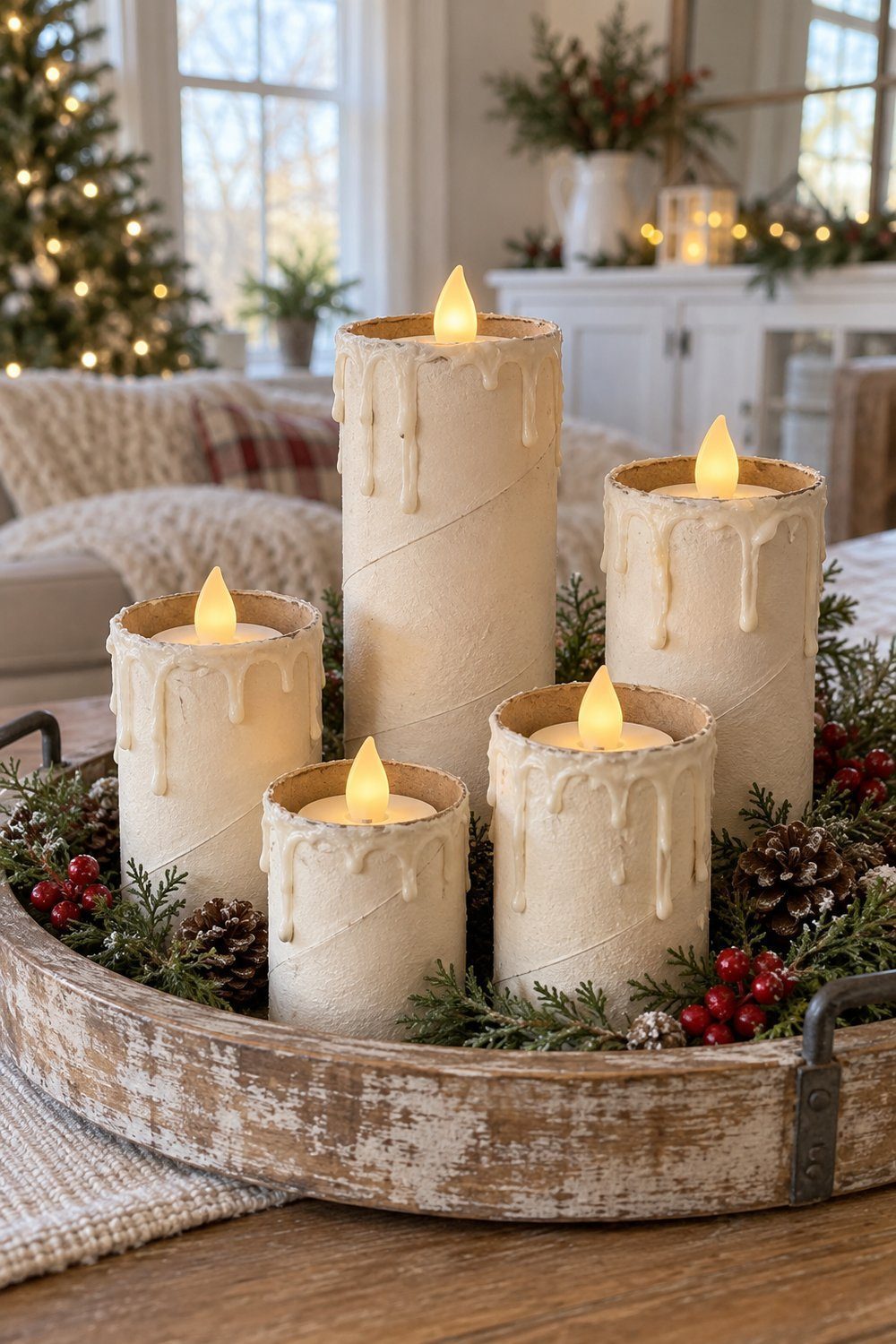 Christmas crafts with toilet paper rolls Ivory painted cardboard tube candles with raised glue drips and battery LED lights