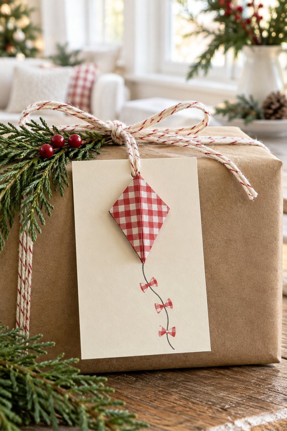 Small red patterned folded kite mounted on a Christmas gift card