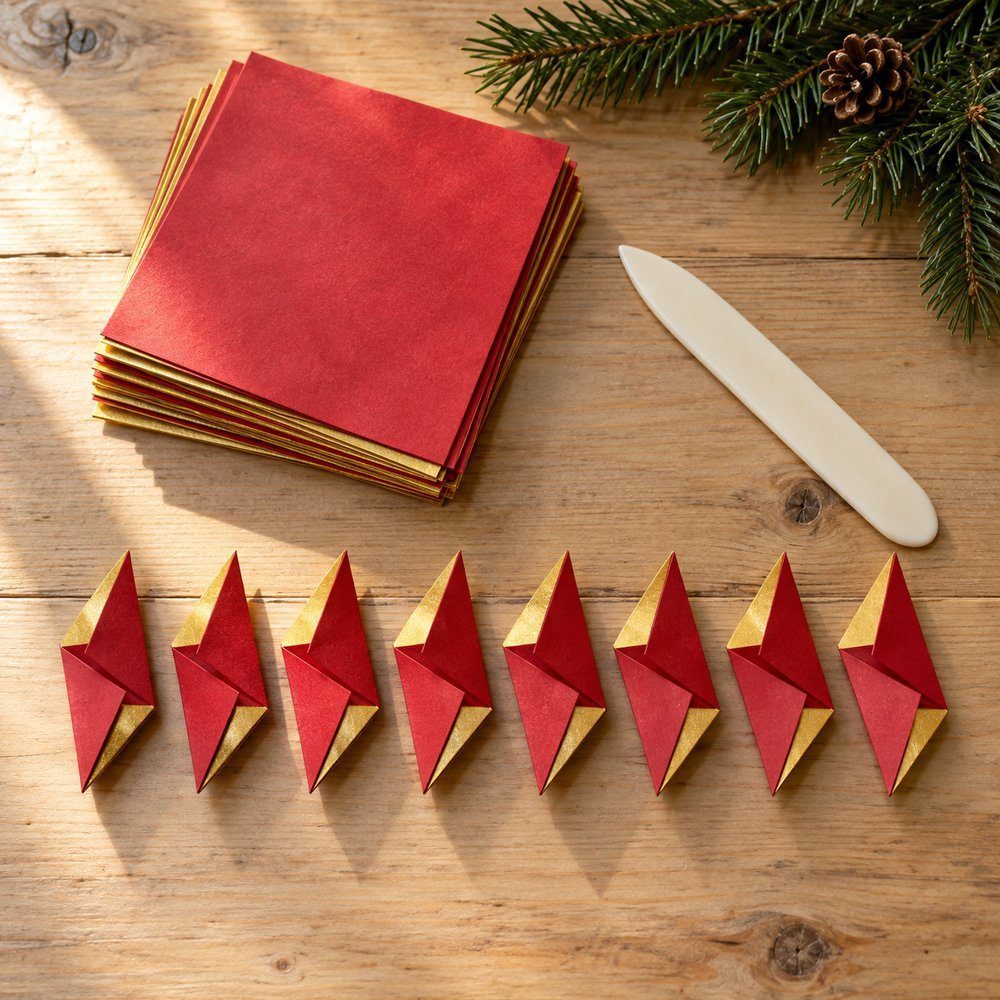 Stack of paper and 8 matching folded star units on a farmhouse table