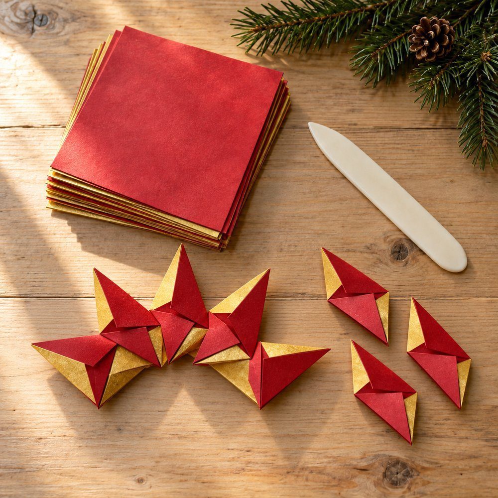 Folded paper units joining into a partially assembled modular Christmas star