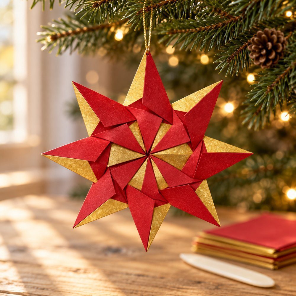 Finished red and gold modular origami star hanging from a tree