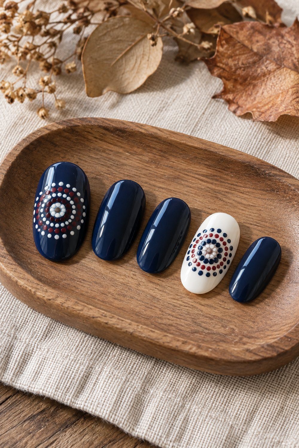 Navy and white nail tips with concentric burgundy dot accents