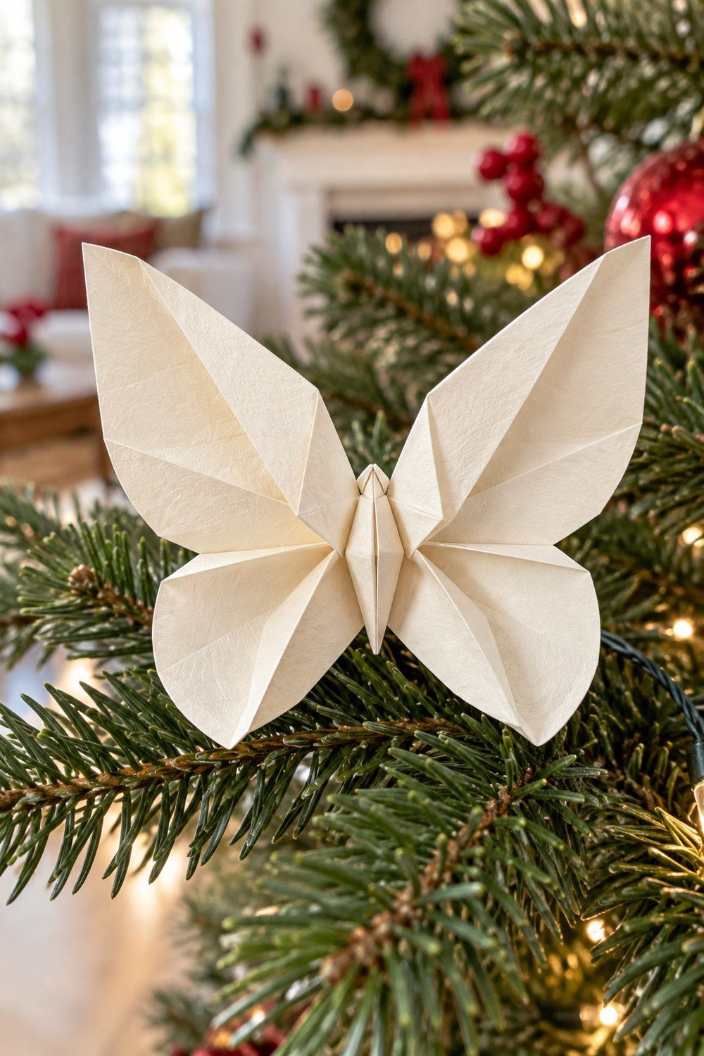 Cream origami butterfly with raised folded wings resting on a Christmas branch