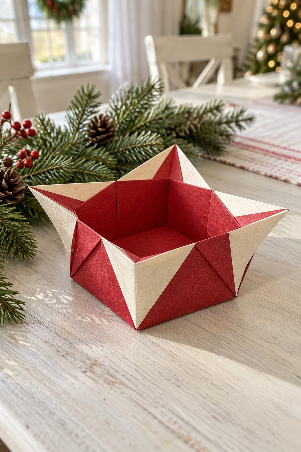 Small origami box with pointed folded rim on a Christmas table