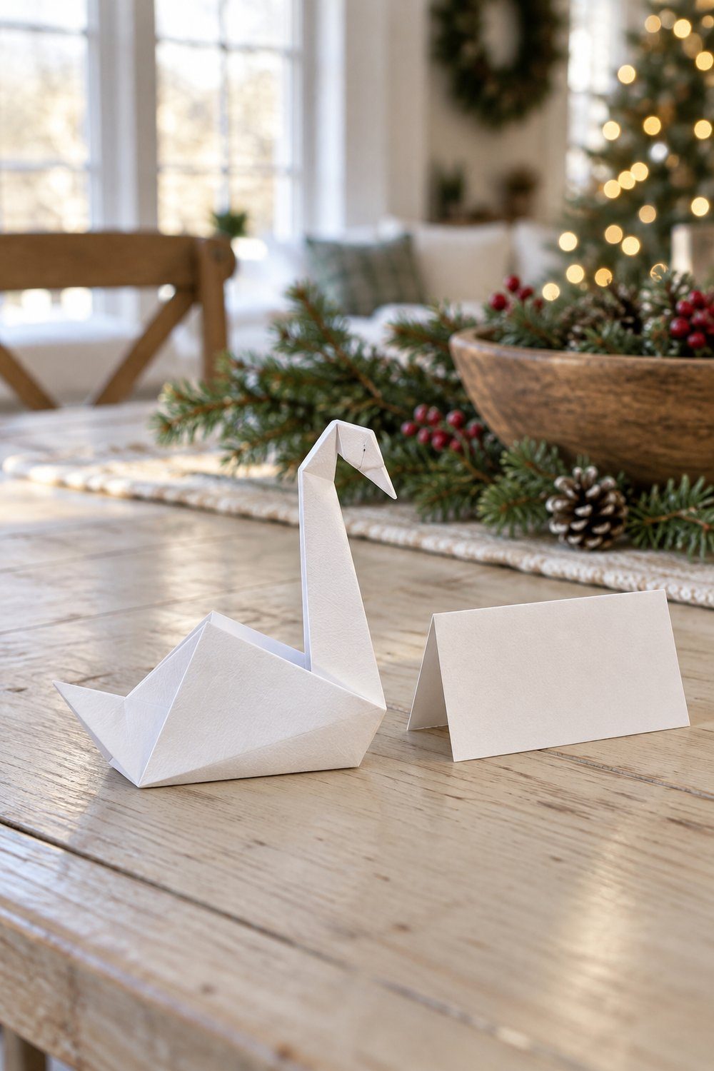 White origami swan with upright folded neck beside a Christmas place card
