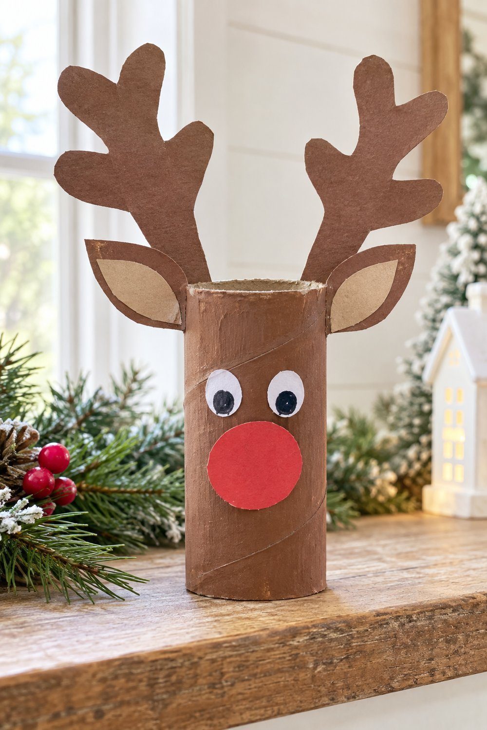 Christmas crafts with toilet paper rolls Brown cardboard tube reindeer with oversized paper antlers and red paper nose