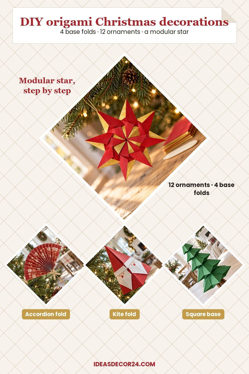 Pin of DIY origami Christmas decorations: a modular star, a pleated fan, an origami Santa and a stacked tree