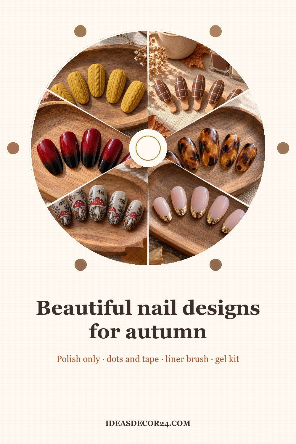 Pin of autumn nail designs on press-on tips: plaid, tortoiseshell, gold foil French tips, mushrooms, gradient and cable knit