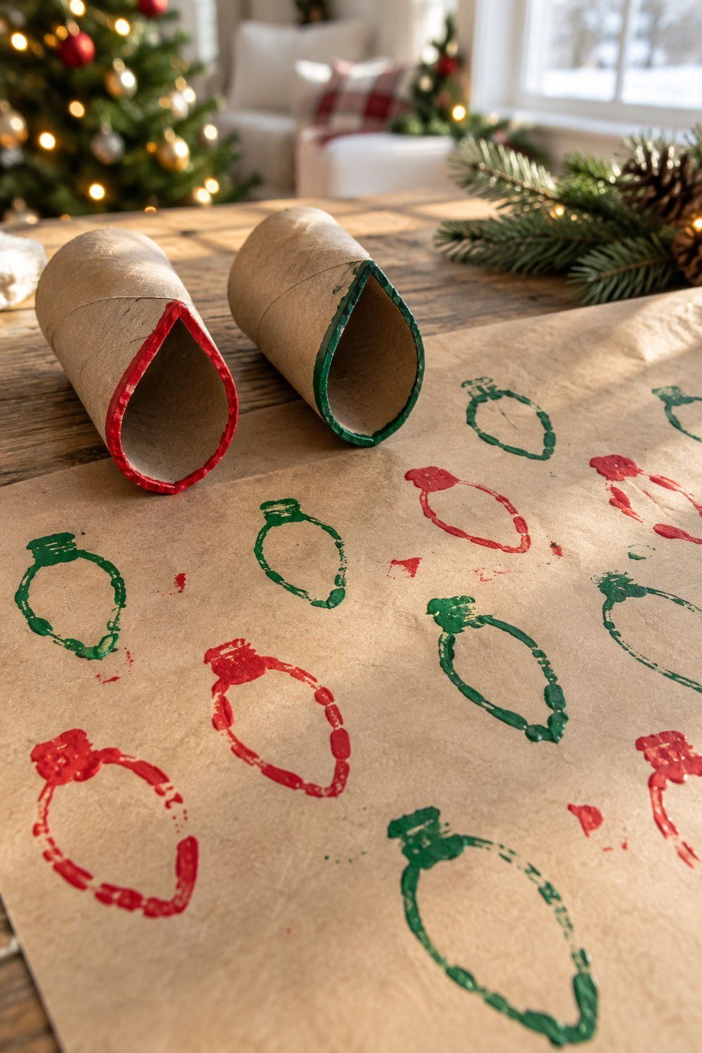 Christmas crafts with toilet paper rolls Pinched cardboard roll stamps beside child stamped Christmas lights on kraft paper