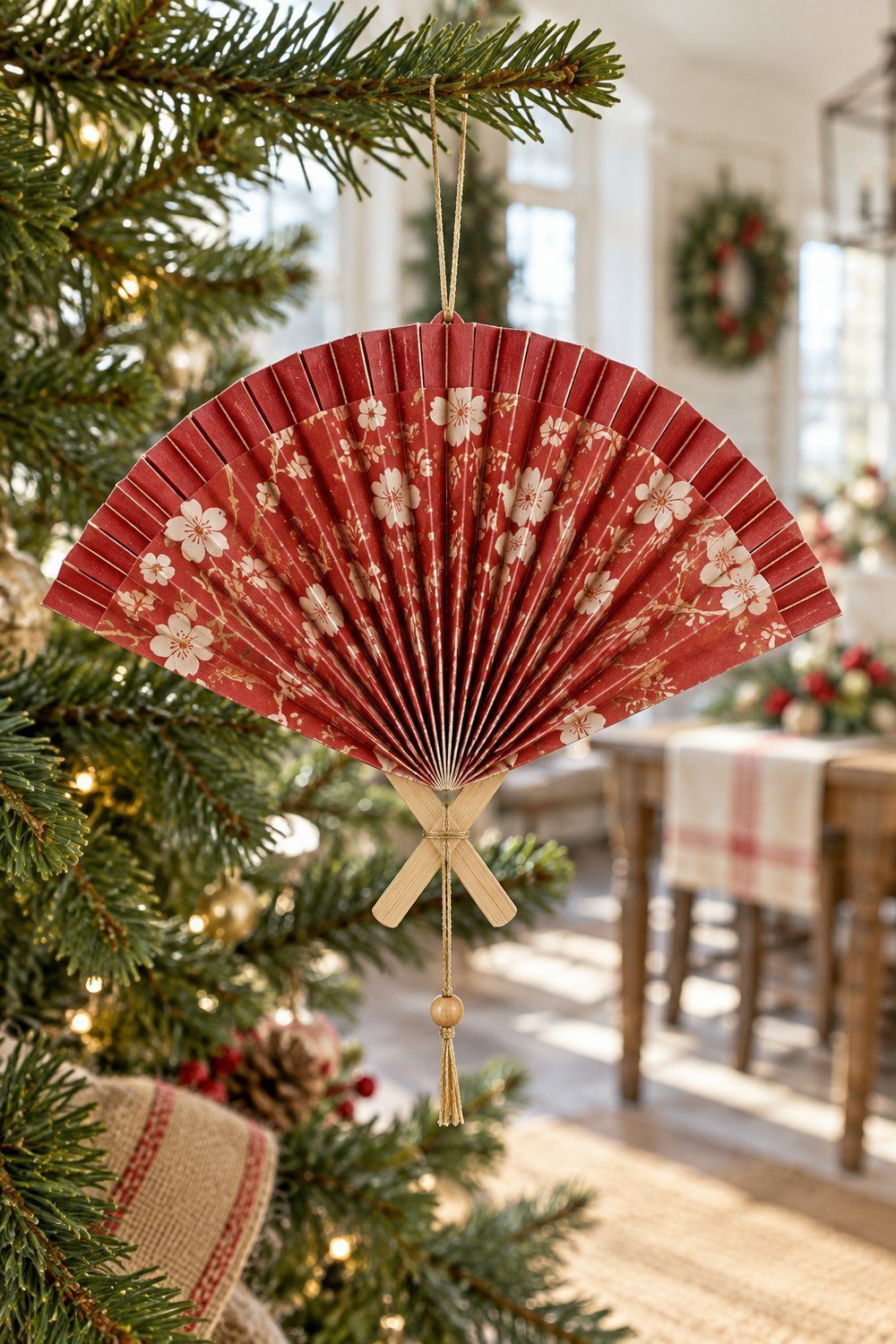 Pleated paper fan ornament with crossed wooden handles on a Christmas branch