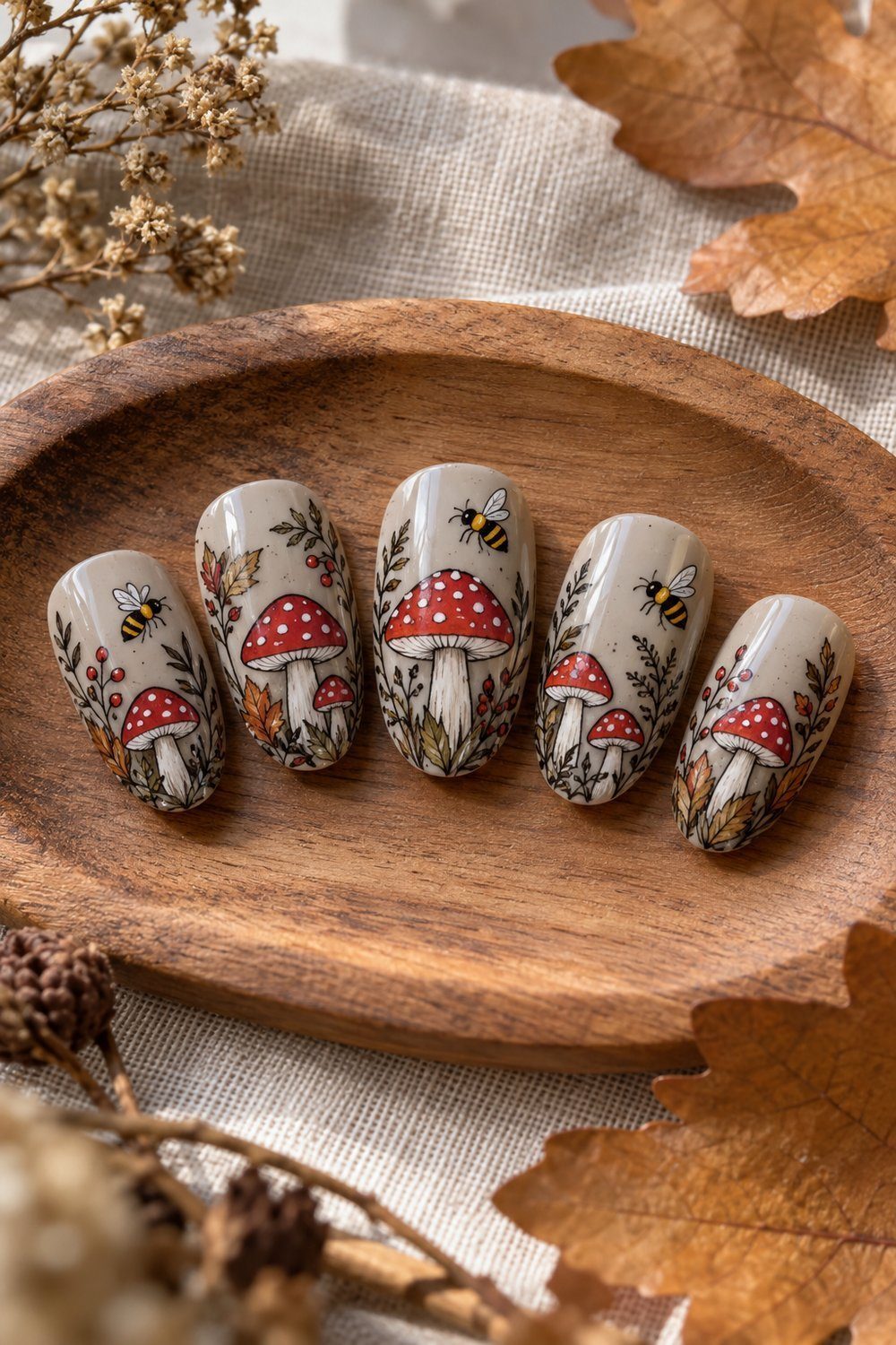Red and white mushroom stamps with small bees on nail tips
