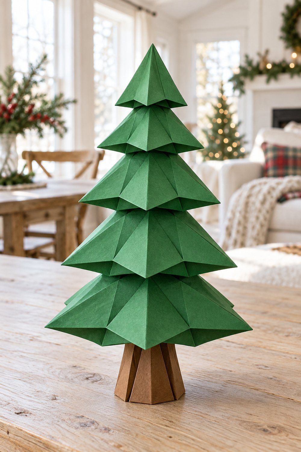 Layered green origami Christmas tree standing on a pale wooden farmhouse table