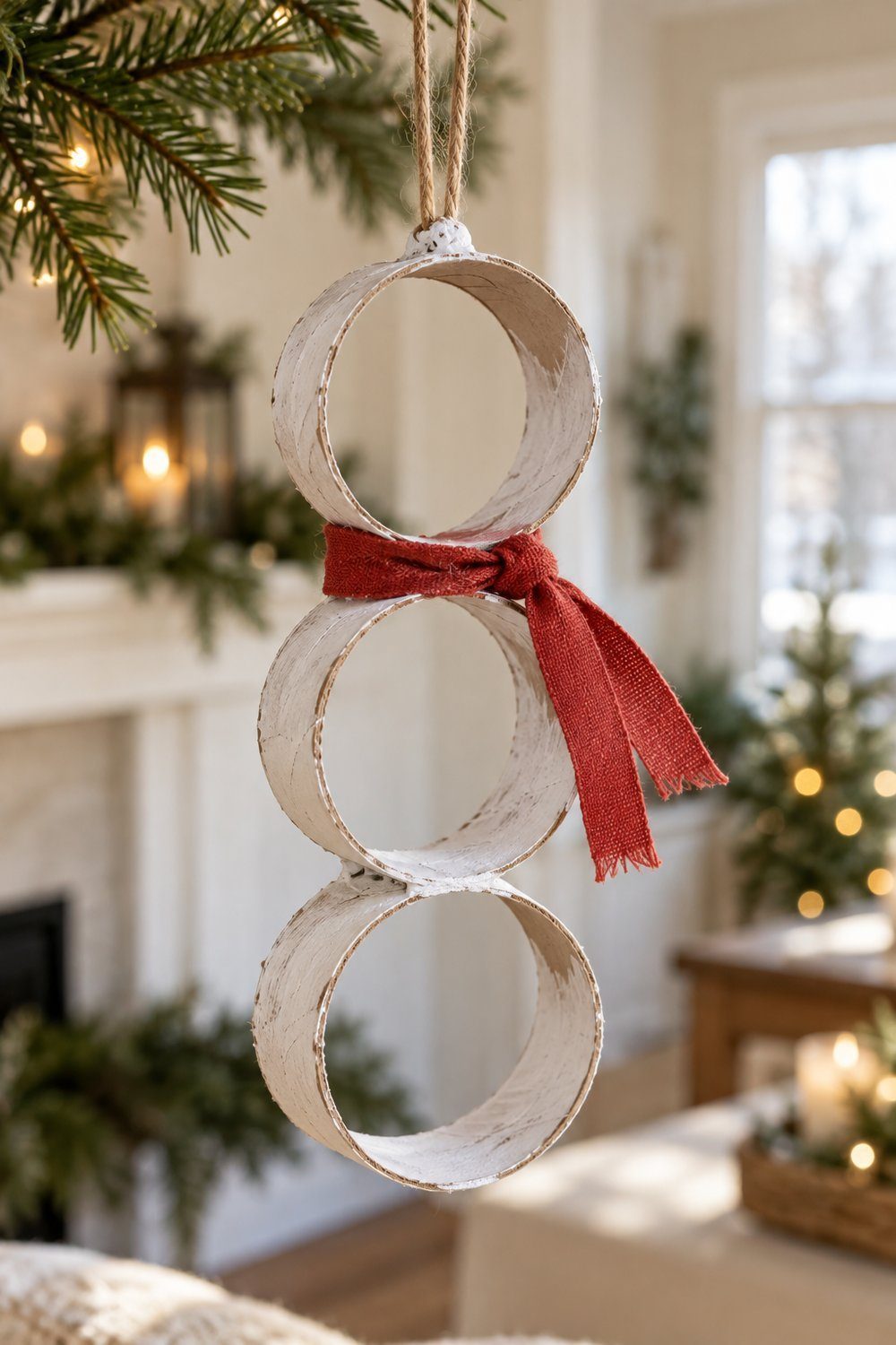Christmas crafts with toilet paper rolls White painted cardboard tube rings stacked into a snowman with ribbon scarf