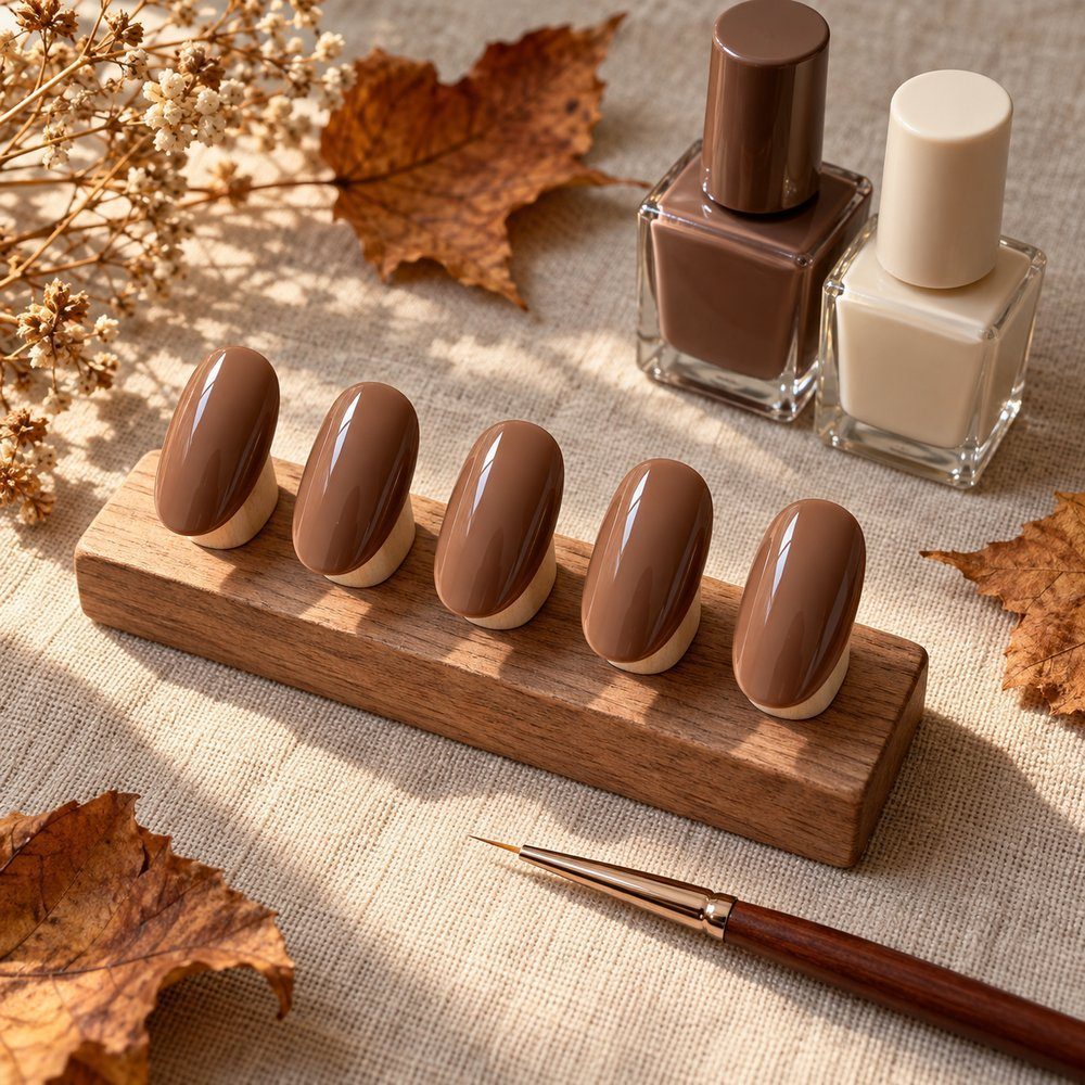 Five oval nail tips painted with a smooth warm mocha gel base