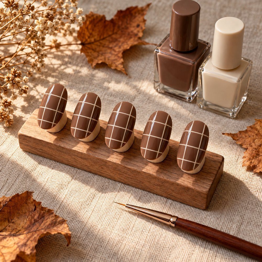 Mocha nail tips crossed with thin blue vertical and horizontal grid lines