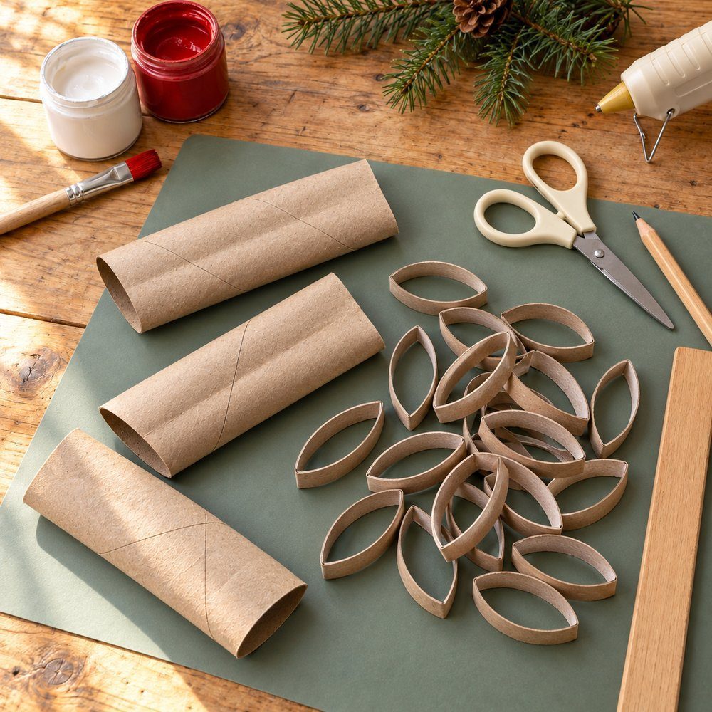 Christmas crafts with toilet paper rolls Flattened toilet paper rolls sliced into equal rings on a cutting mat