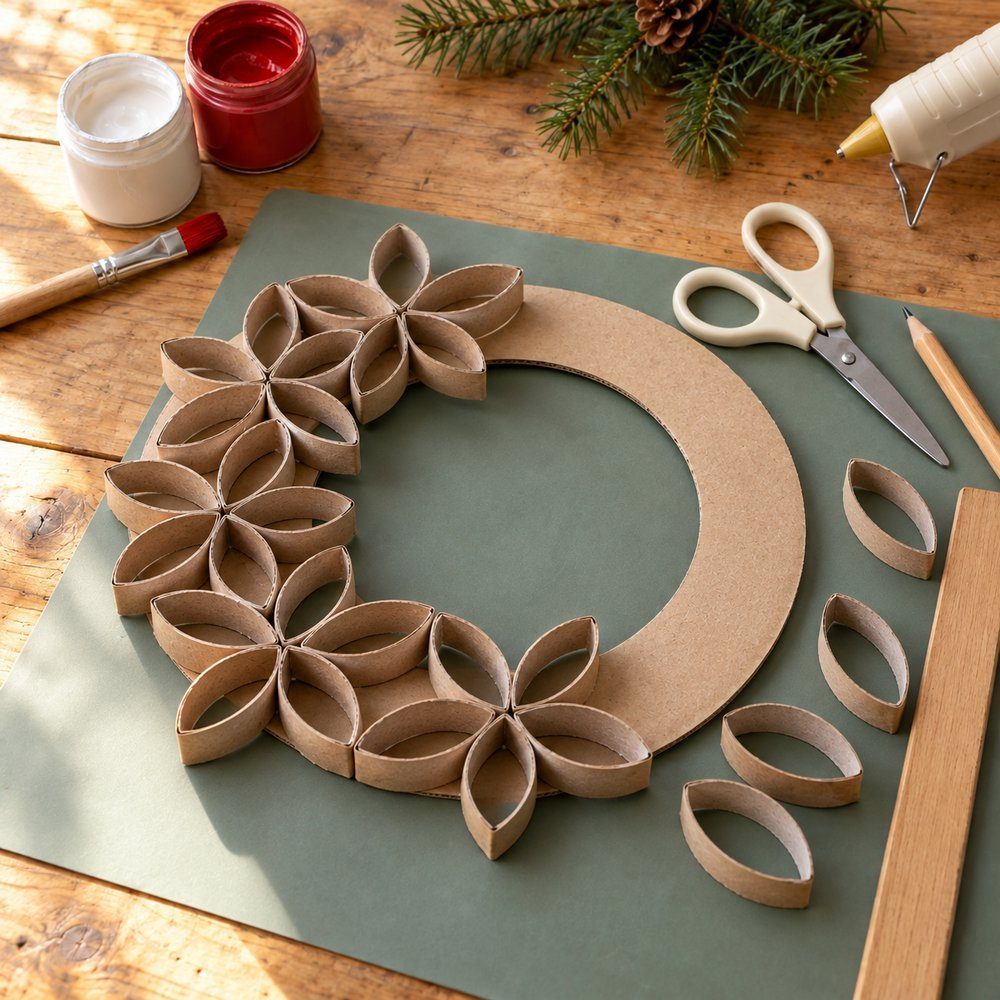Christmas crafts with toilet paper rolls Cardboard tube rings glued into five-petal flowers around a cardboard ring base