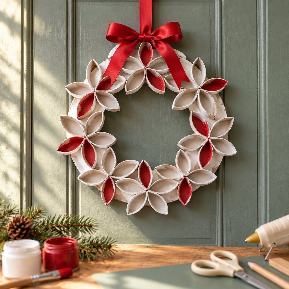 Christmas crafts with toilet paper rolls White wreath with red petal accents and a red bow hanging on a door
