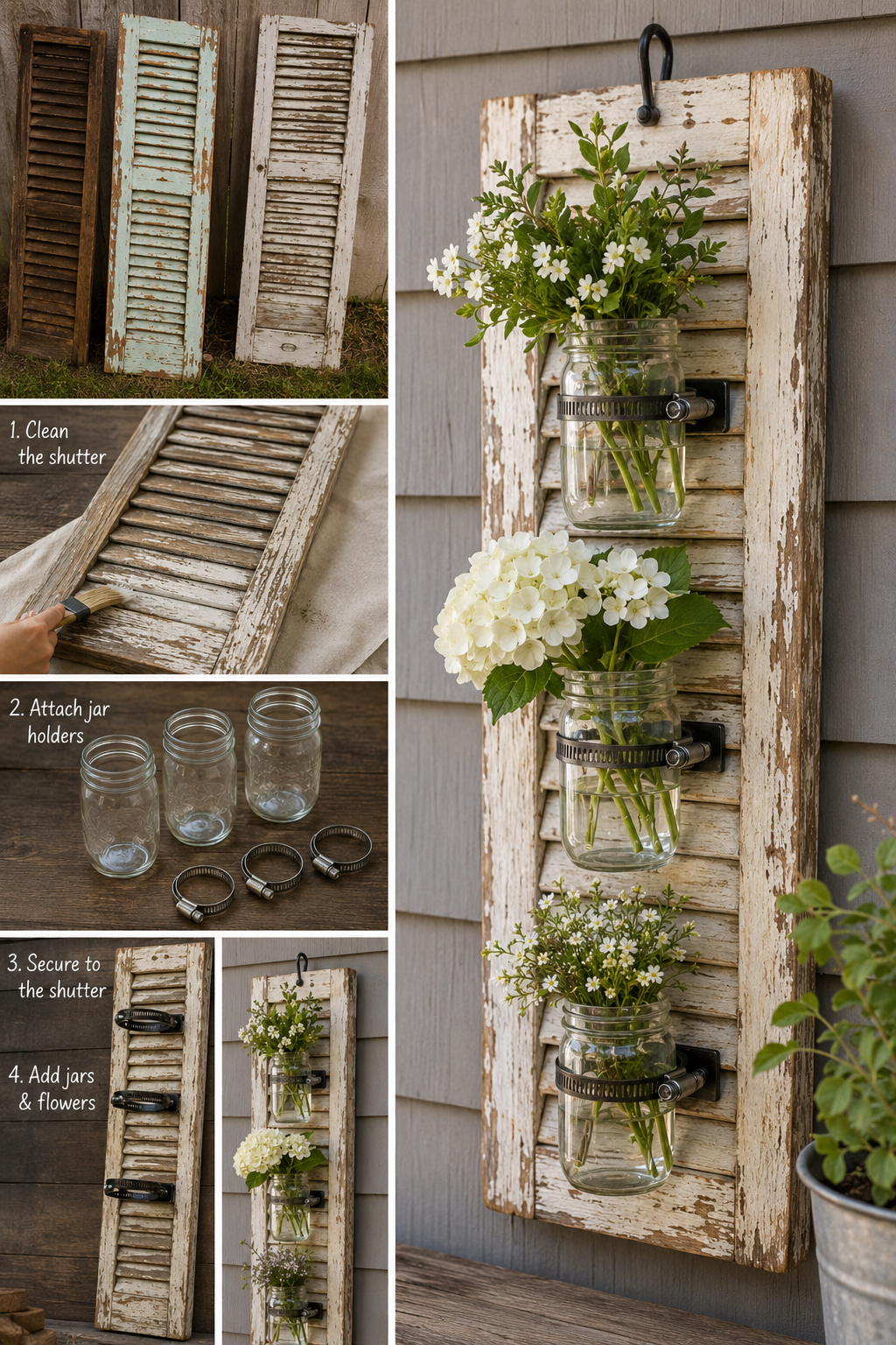Transform old shutters into rustic mason jar flower holders transform old shutters into rustic mason jar flower holders 1