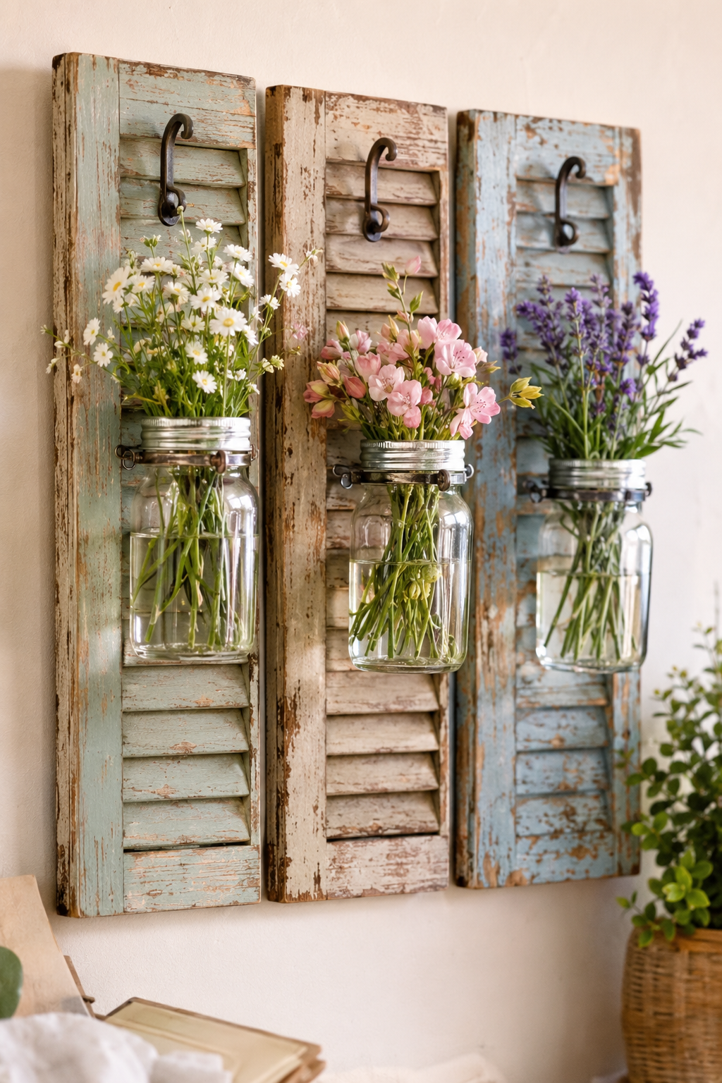 Transform old shutters into rustic mason jar flower holders transform old shutters into rustic mason jar flower holders 2